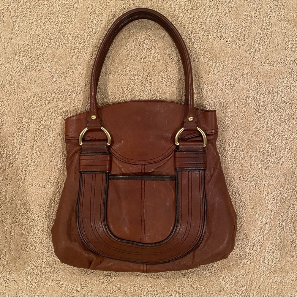 NorthStyle Brown Leather Shoulder Satchel Bag Brass Double Handles Western Tote